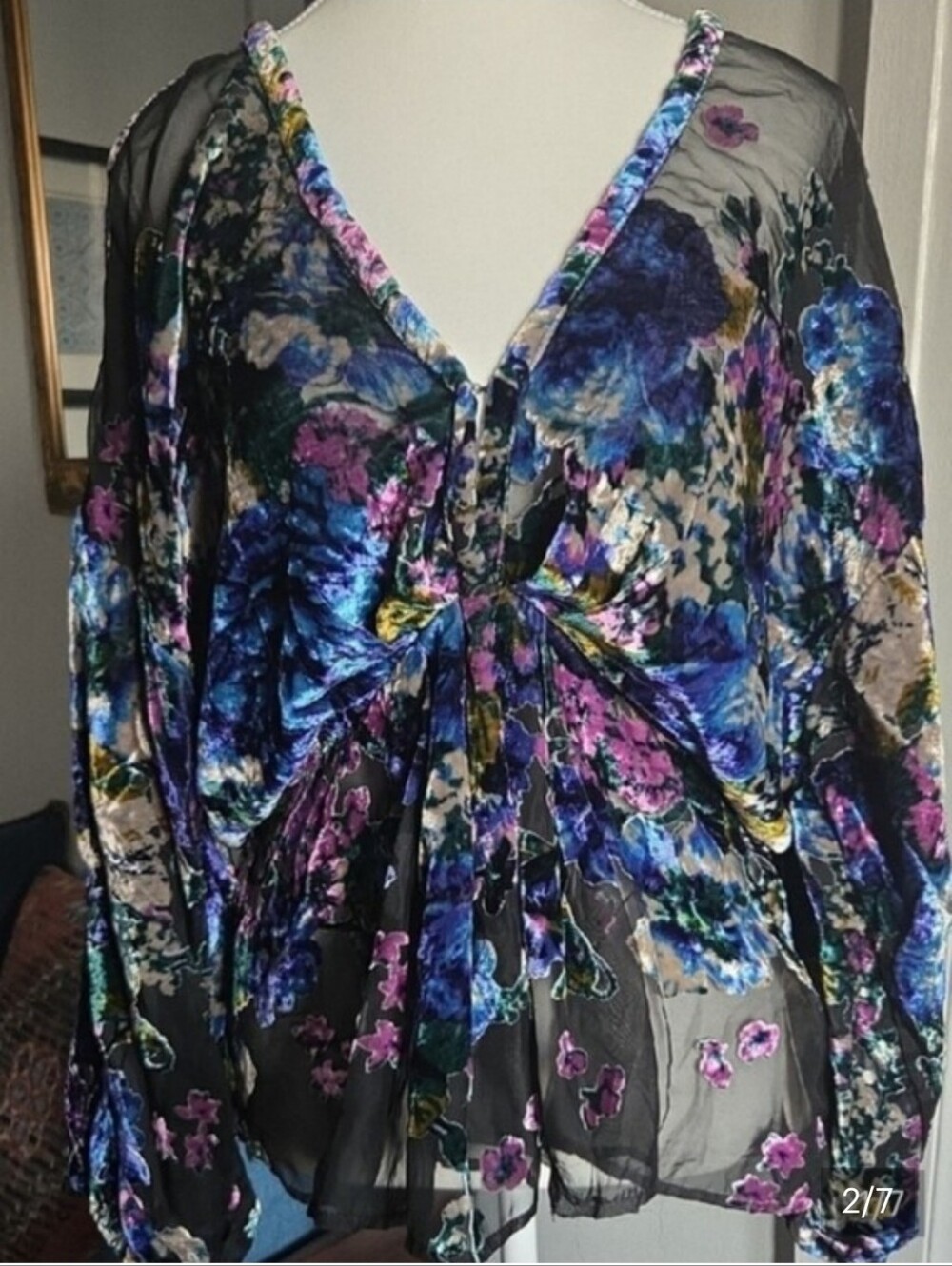 Free People Burnout Velvet And Sheer Floral Balloon Sleeve Boho Top - Large